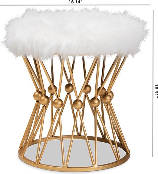 Wholesale Interiors Ottomans & Stools - Leonie Glam and Luxe White Faux Fur Upholstered Gold Finished Metal Ottoman
