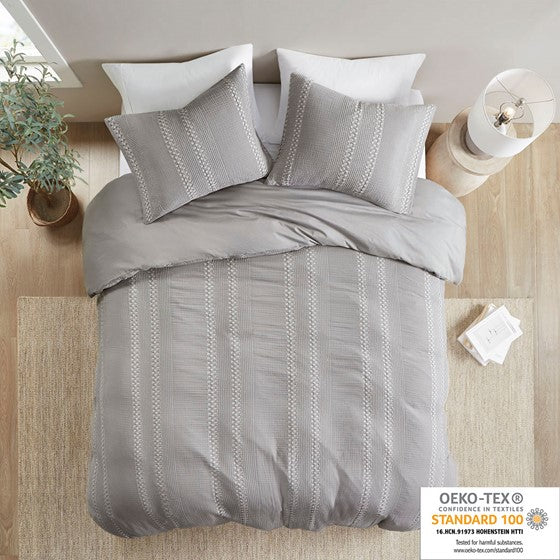 Olliix.com Comforters & Blankets - 3 Piece Cotton Gauze Waffle Weave Comforter Set Grey Full/Queen