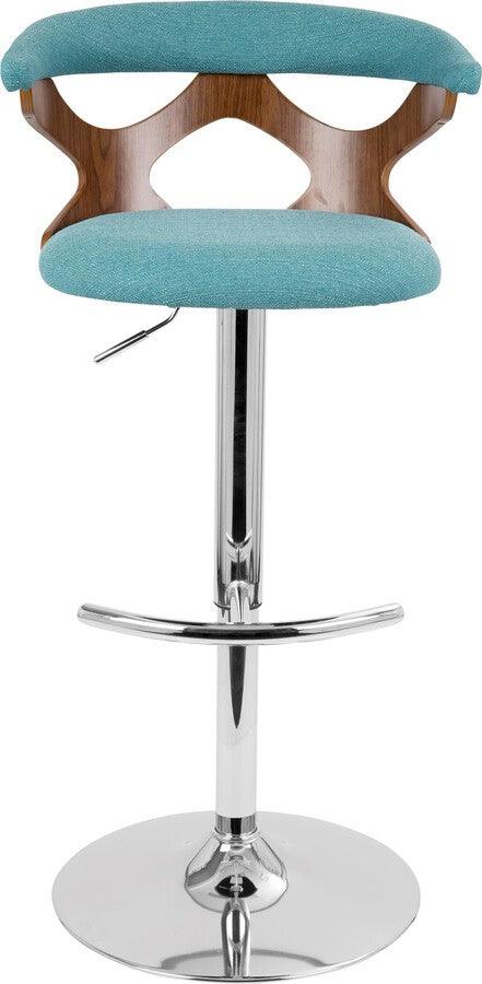 Lumisource Barstools - Gardenia Adjustable Barstool With Swivel In Chrome, Walnut Wood & Teal Fabric (Set of 2)