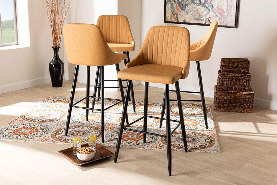 Wholesale Interiors Barstools - Walter Mid-Century Contemporary Tan Faux Leather Upholstered and Black Metal 4-Piece Bar Stool Set