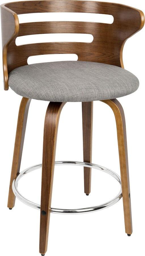 Lumisource Barstools - Cosini Mid-Century Modern Counter Stool with Swivel in Walnut and Grey Fabric - Set of 2