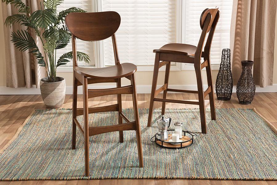 Wholesale Interiors Barstools - Katya Mid-Century Modern Walnut Brown Finished Wood 2-Piece Bar Stool Set