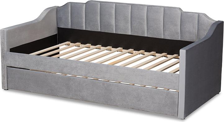 Wholesale Interiors Daybeds - Lennon Grey Velvet Fabric Upholstered Twin Size Daybed with Trundle