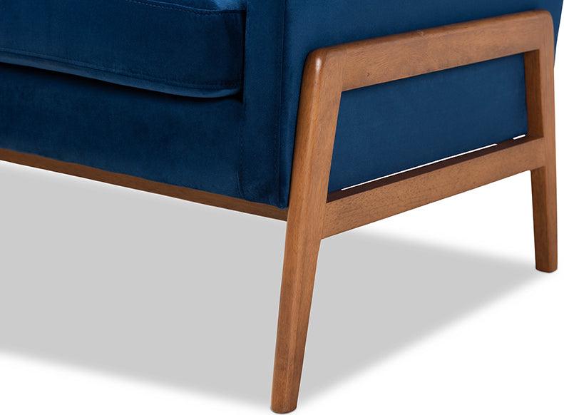 Wholesale Interiors Accent Chairs - Perris Navy Blue Velvet Fabric Upholstered and Walnut Brown Finished Wood Lounge Chair