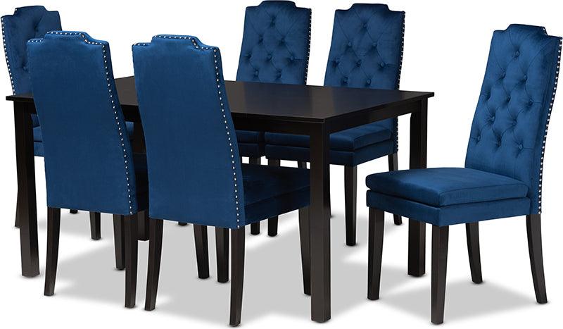 Wholesale Interiors Dining Sets - Dylin Contemporary Navy Blue Velvet and Dark Brown Wood 7-Piece Dining Set
