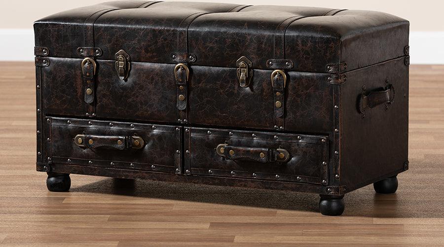 Wholesale Interiors Ottomans & Stools - Callum Transitional Brown Faux Leather Upholstered 2-Drawer Storage Trunk Ottoman
