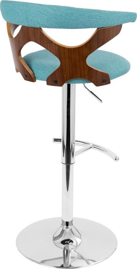 Lumisource Barstools - Gardenia Adjustable Barstool With Swivel In Chrome, Walnut Wood & Teal Fabric (Set of 2)
