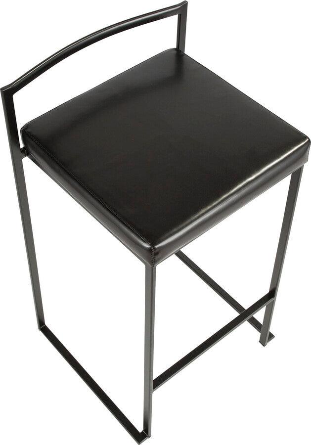 Lumisource Barstools - Fuji Contemporary Stackable Counter Stool in Black with Black Faux Leather Cushion - Set of 2