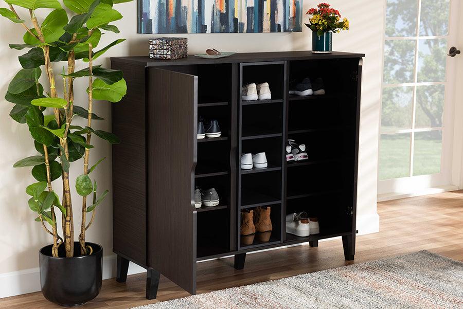 Wholesale Interiors Shoe Storage - Idina Mid-Century Modern Two-Tone Dark Brown and Grey Wood 2-Door Shoe Cabinet