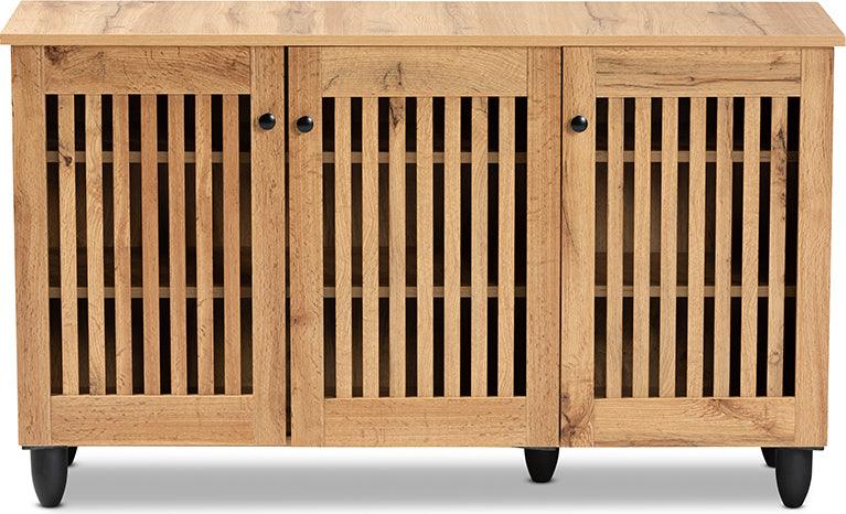 Wholesale Interiors Shoe Storage - Fernanda Modern and Contemporary Oak Brown Finished Wood 3-Door Shoe Cabinet