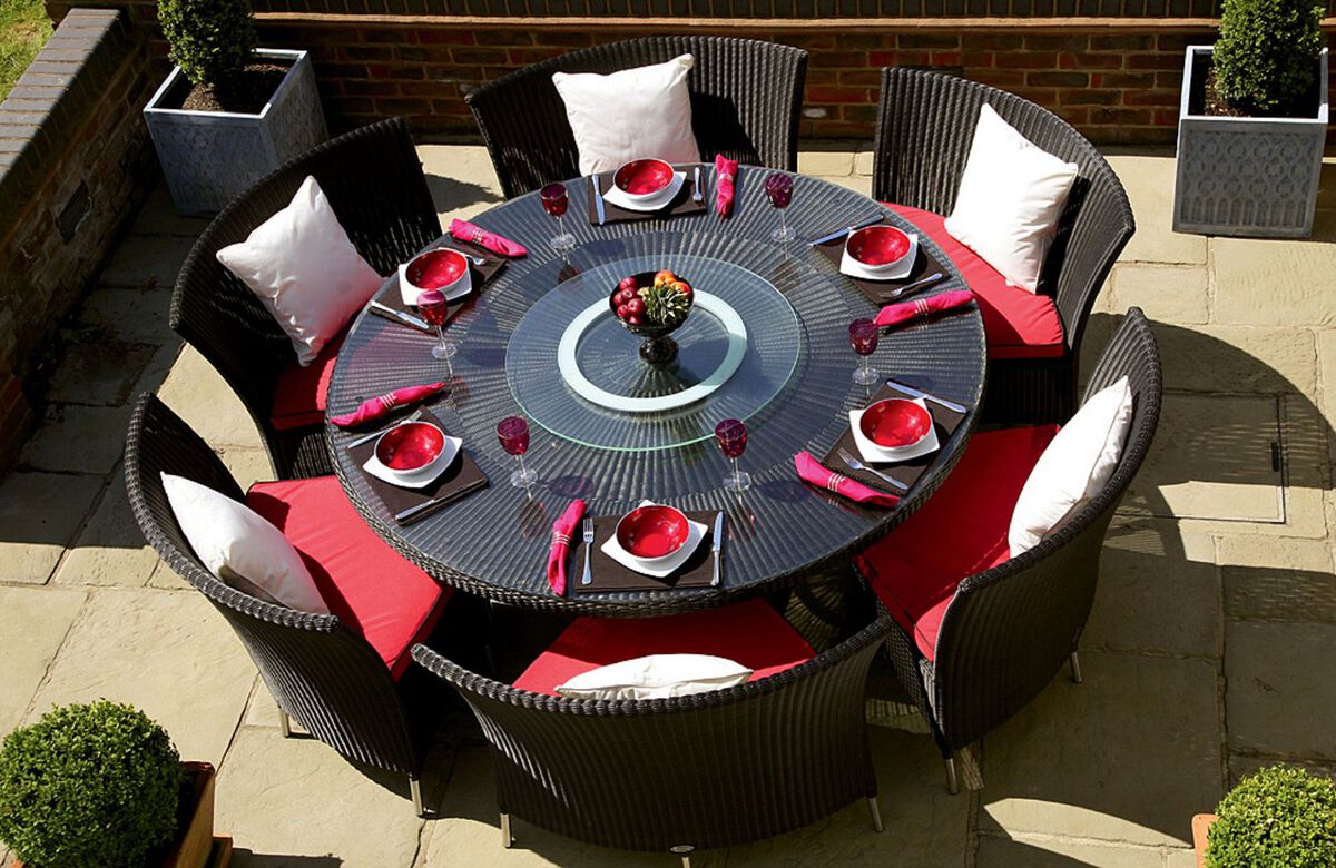 Manhattan Comfort Outdoor Dining Sets - Nightingdale Black 7-Piece Rattan Outdoor Dining Set with Red and White Cushions