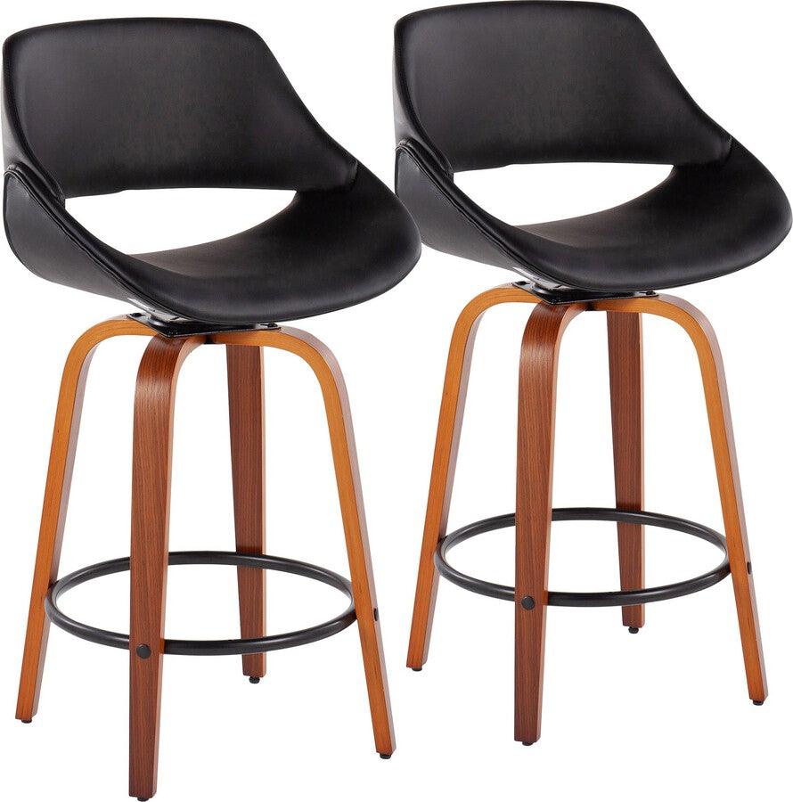 Lumisource Barstools - Fabrico Fixed-Height Counter Stool In Walnut Wood With Round Black & Black Faux Leather (Set of 2)