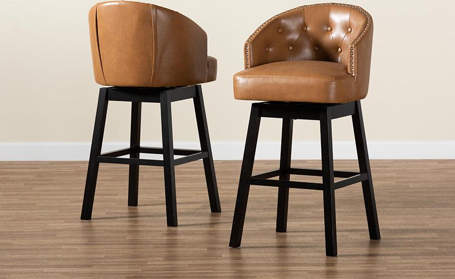 Wholesale Interiors Barstools - Theron Tan Faux Leather Upholstered and Dark Brown Finished Wood 2-Piece Swivel Bar Stool Set