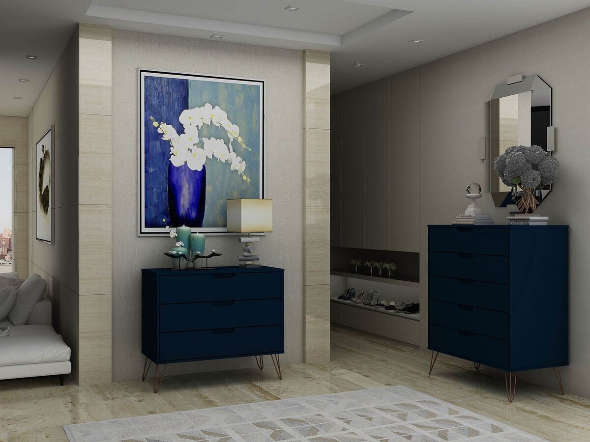 Manhattan Comfort Bedroom Sets - Rockefeller 5-Drawer & 3-Drawer Tatiana Midnight Blue Dresser Set