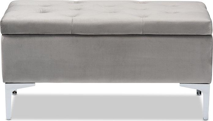 Wholesale Interiors Ottomans & Stools - Mabel Modern Transitional Grey Velvet Fabric Upholstered Silver Finished Storage Ottoman