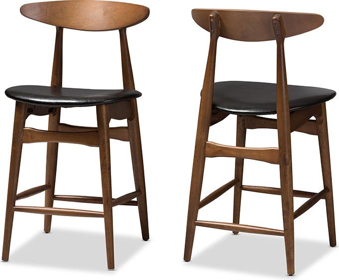 Wholesale Interiors Barstools - Flora Mid-Century Modern Black Faux Leather Upholstered Walnut Finished Counter Stool