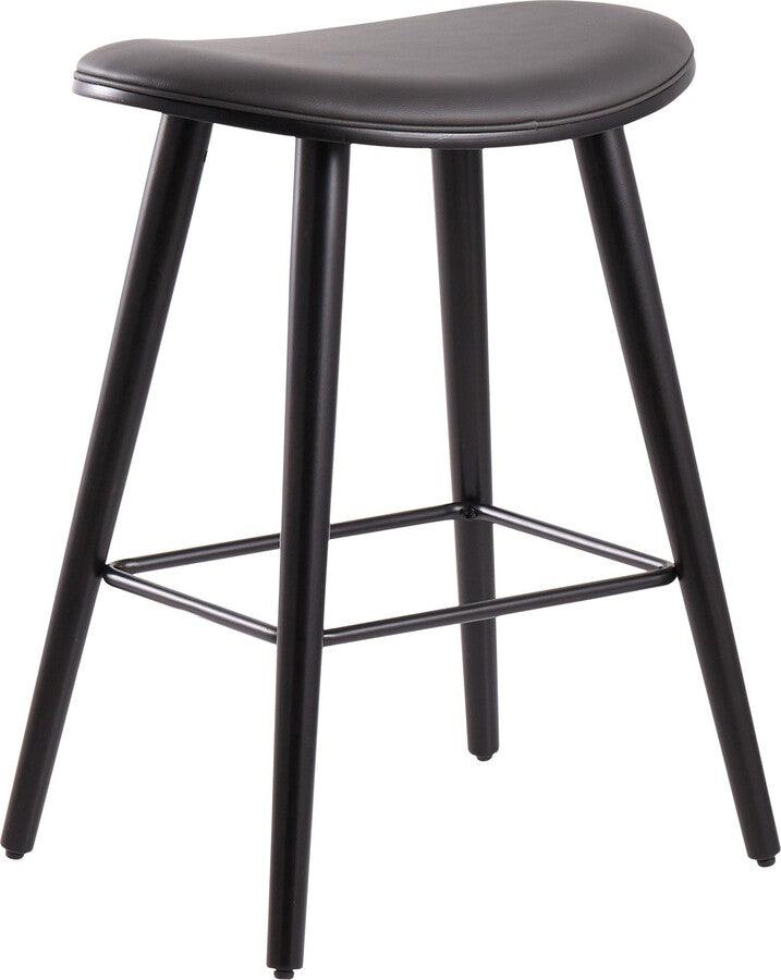 Lumisource Barstools - Saddle 26" Contemporary Counter Stool in Black Wood & Grey Faux Leather- Set of 2