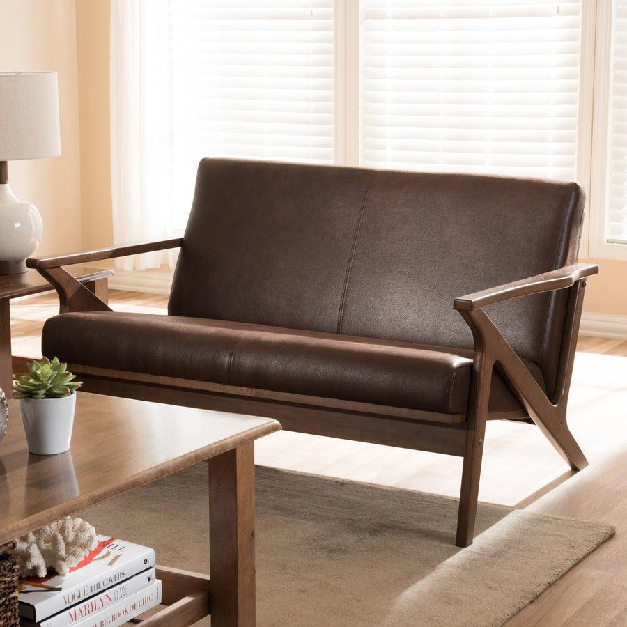 Wholesale Interiors Loveseats - Bianca Walnut Wood Dark Brown Distressed Faux Leather 2-Seater Loveseat