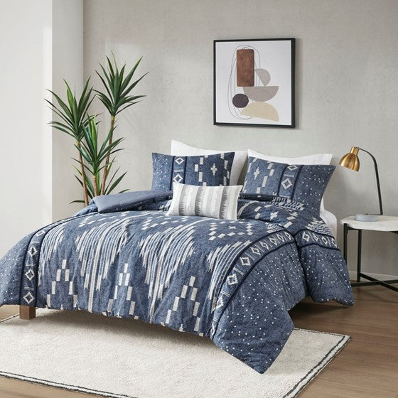 Olliix.com Duvet & Duvet Sets - Cotton Printed Duvet Cover Set With Trims Indigo Blue Cal King