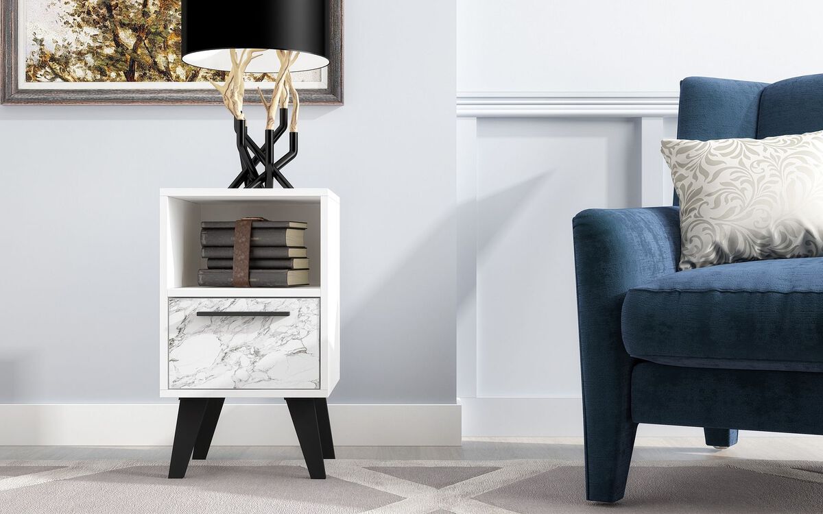 Manhattan Comfort Nightstands & Side Tables - Mid-Century- Modern Amsterdam Nightstand 1.0 with 1 Shelf in White Marble