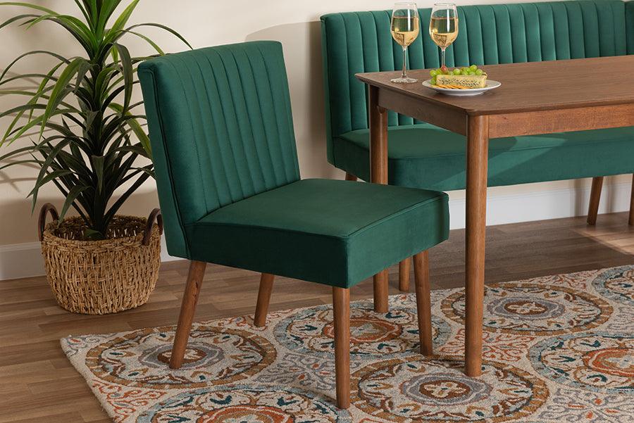 Wholesale Interiors Dining Chairs - Alvis Mid-Century Emerald Green Velvet Upholstered and Walnut Brown Finished Wood Dining Chair