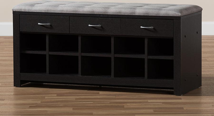 Wholesale Interiors Shoe Storage - Contemporary Espresso Finished Grey Fabric Upholstered Cushioned Entryway Bench