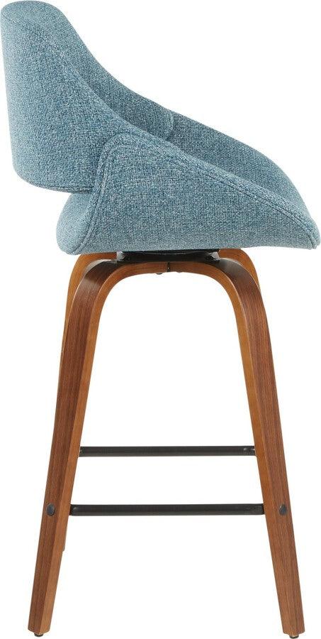 Lumisource Barstools - Fabrico Mid-Century Modern Counter Stool in Walnut - Blue Noise Fabric - Set of 2