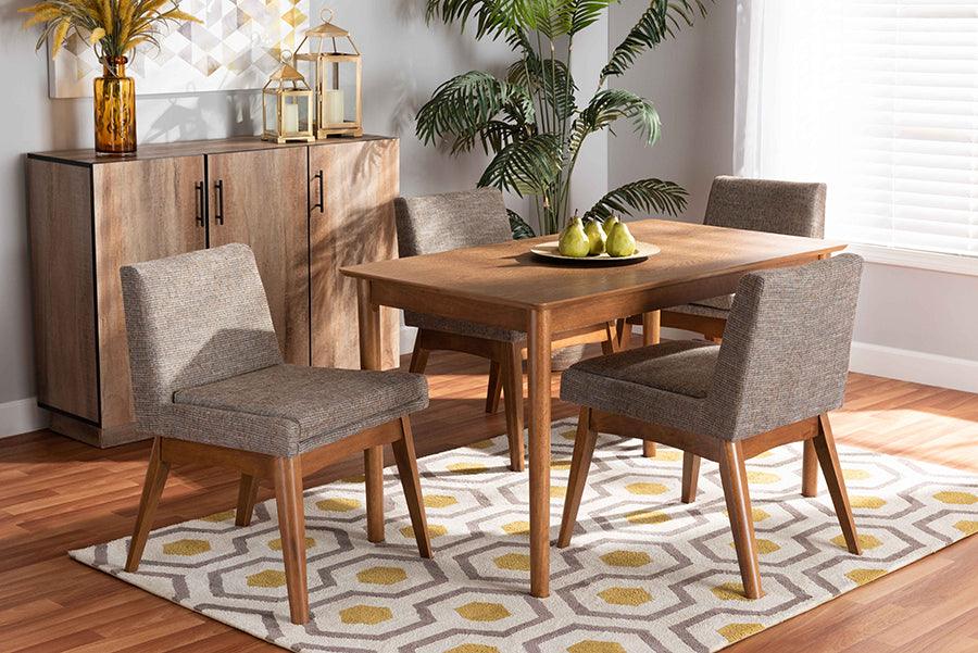 Wholesale Interiors Dining Sets - Nexus Mid-Century Modern Gravel Fabric and Walnut Brown Wood 5-Piece Dining Set