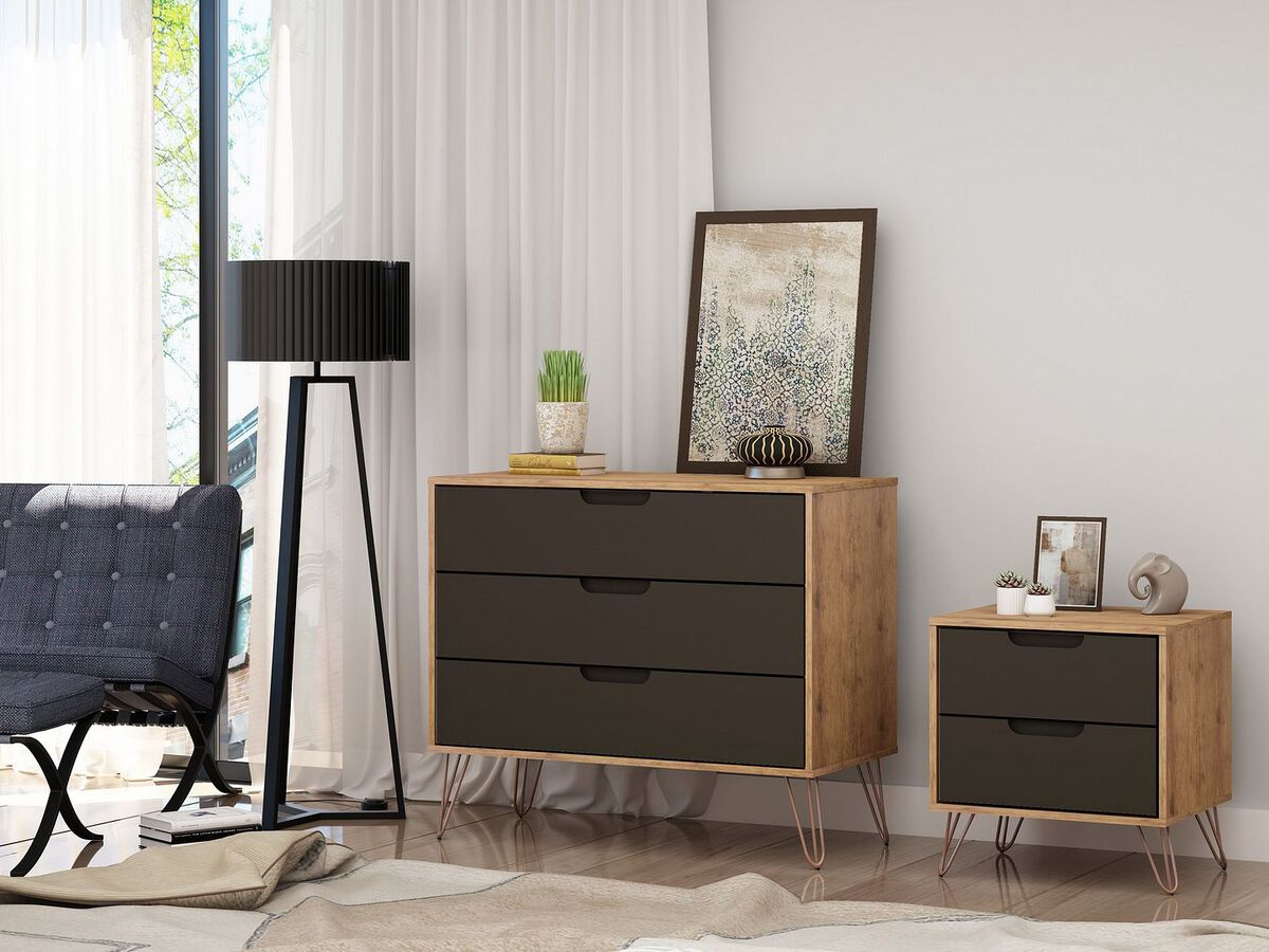 Manhattan Comfort Dressers - Rockefeller Dresser and Nightstand Set in Nature and Textured Grey