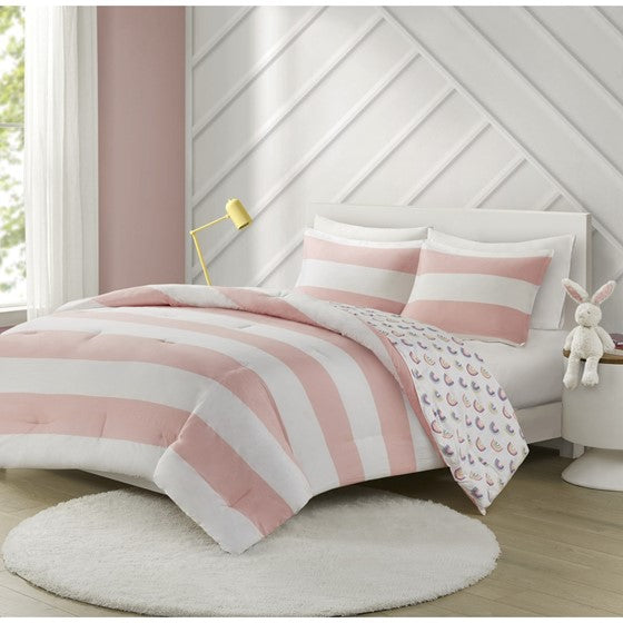 Olliix.com Comforters & Blankets - Cotton Cabana Stripe Reversible Comforter Set with Rainbow Reverse Pink Twin