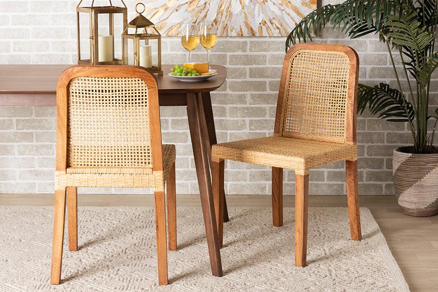 Wholesale Interiors Dining Chairs - Caspia Mid-Century Modern Walnut Brown Mahogany Wood and Natural Rattan 2-Piece Dining Chair Set