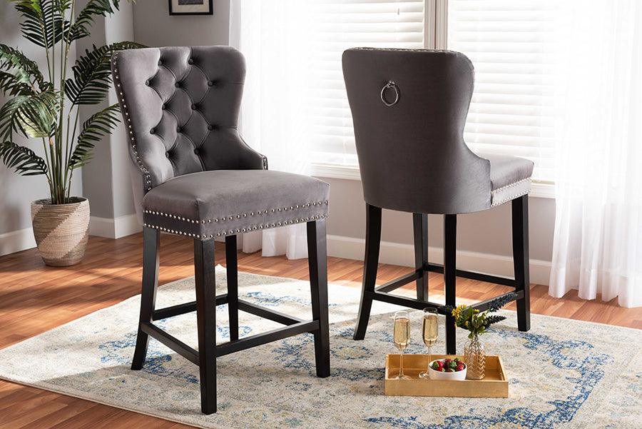 Wholesale Interiors Barstools - Howell Modern Grey Velvet Upholstered and Dark Brown Finished Wood 2-Piece Counter Stool Set