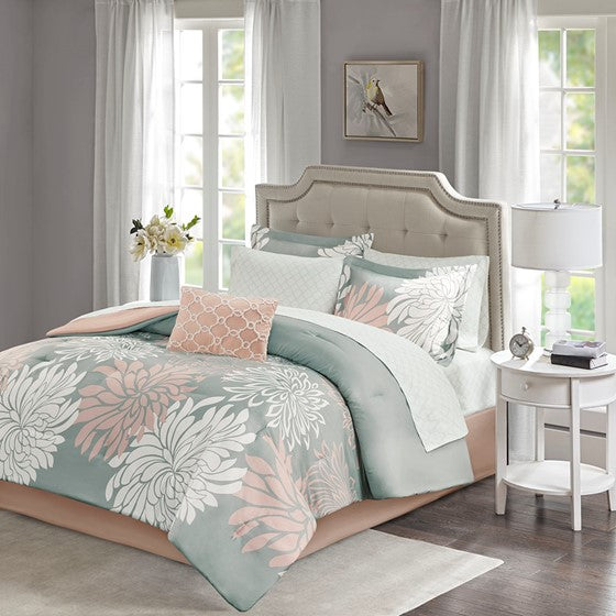 Olliix.com Comforters & Blankets - 7 Piece Comforter Set with Cotton Bed Sheets Blush/Grey Twin