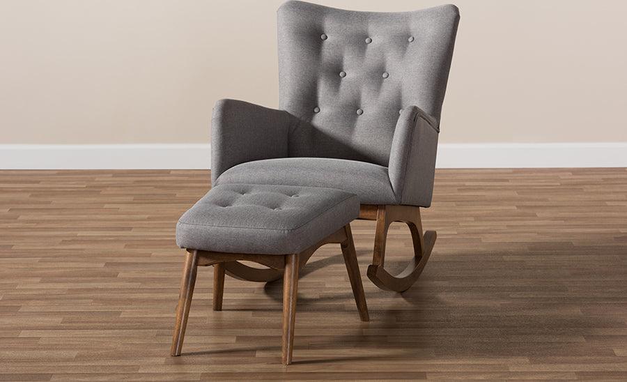 Wholesale Interiors Living Room Sets - Waldmann Mid-Century Modern Grey Fabric Upholstered Rocking Chair and Ottoman Set