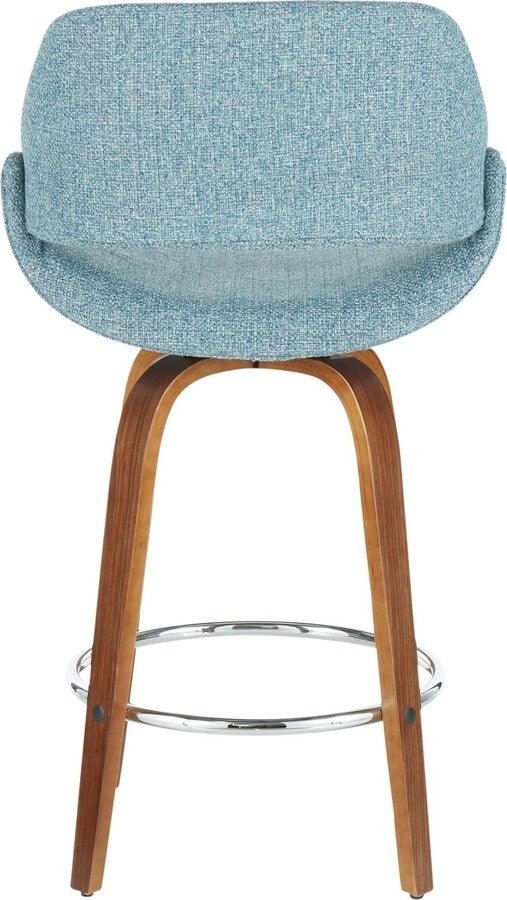 Lumisource Barstools - Fabrico Mid-Century Modern Counter Stool Walnut and Blue Noise Fabric (Set of 2)