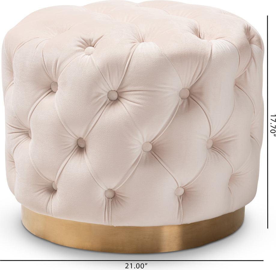 Wholesale Interiors Ottomans & Stools - Valeria Glam Light Beige Velvet Gold-Finished Button Tufted Ottoman
