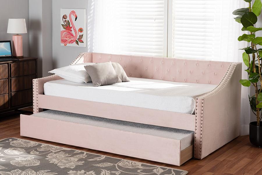 Wholesale Interiors Daybeds - Raphael Pink Velvet Fabric Upholstered Twin Size Daybed with Trundle