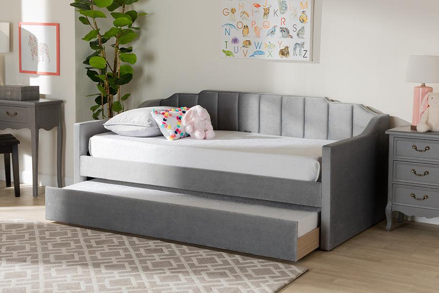 Wholesale Interiors Daybeds - Lennon Grey Velvet Fabric Upholstered Twin Size Daybed with Trundle