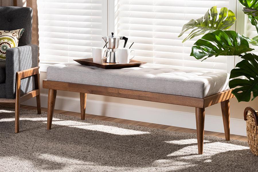 Wholesale Interiors Benches - Linus Mid-Century Modern Greyish Beige Fabric Upholstered And Button Tufted Wood Bench