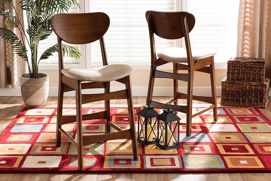 Wholesale Interiors Barstools - Katya Mid-Century Modern Sand Fabric and Brown Wood 2-Piece Counter Stool Set