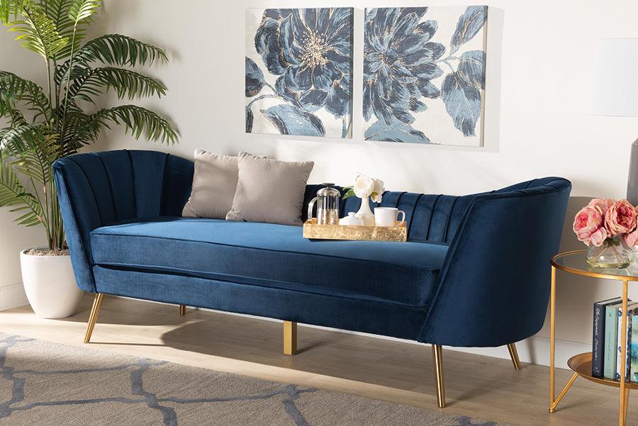 Wholesale Interiors Sofas & Couches - Kailyn Glam and Luxe Navy Blue Velvet Fabric Upholstered and Gold Finished Sofa