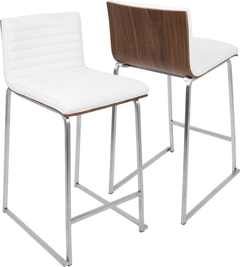 Lumisource Barstools - Mara 26" Contemporary Counter Stool in Brushed Stainless Steel, Walnut Wood, and White Faux Leather