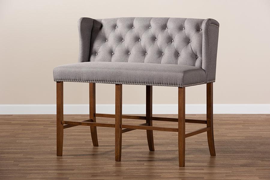 Wholesale Interiors Barstools - Alira Modern and Grey Fabric Upholstered Walnut Finished Wood Button Tufted Bar Stool Bench