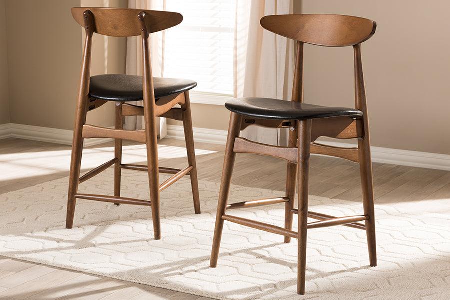 Wholesale Interiors Barstools - Flora Mid-Century Modern Black Faux Leather Upholstered Walnut Finished Counter Stool