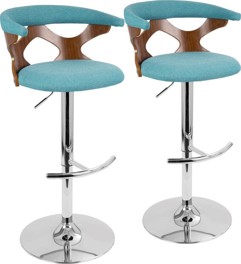 Lumisource Barstools - Gardenia Adjustable Barstool With Swivel In Chrome, Walnut Wood & Teal Fabric (Set of 2)