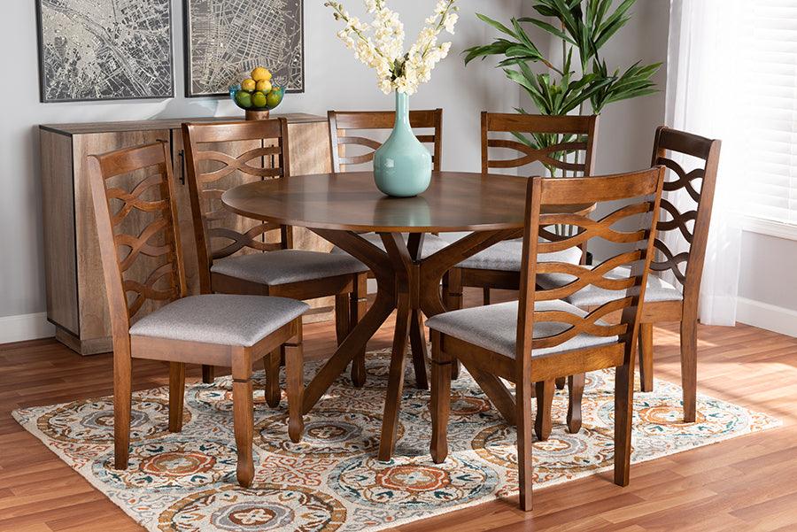 Wholesale Interiors Dining Sets - Mila Grey Fabric Upholstered and Walnut Brown Finished Wood 7-Piece Dining Set