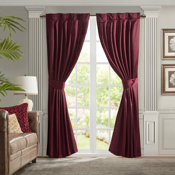 Olliix.com Curtains - Pleat Curtain Panel with Tieback (Single) Burgundy