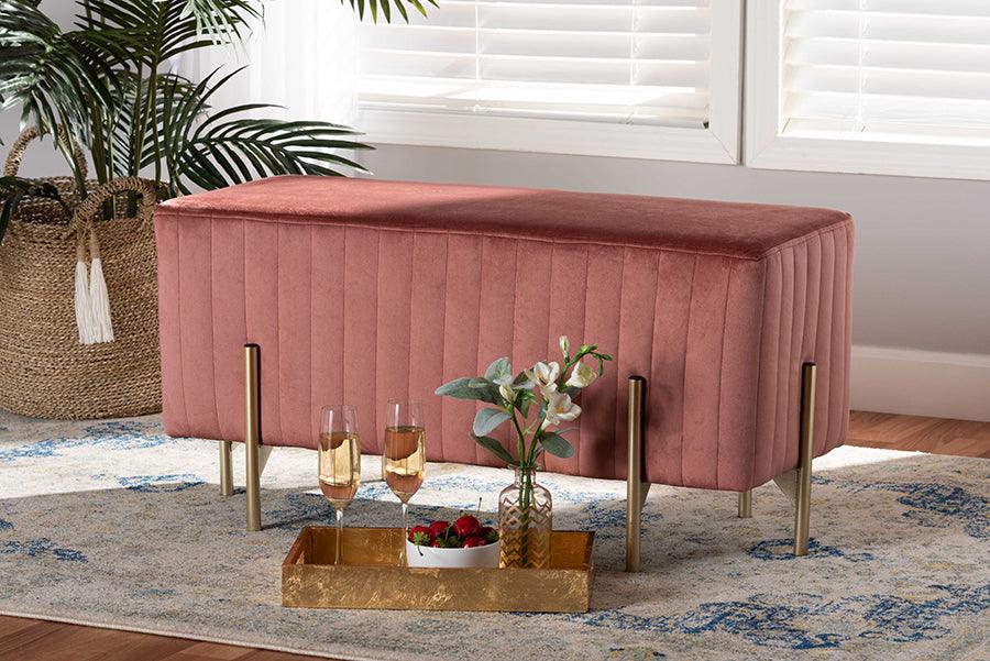 Wholesale Interiors Benches - Helaine Contemporary Glam and Luxe Blush Pink Fabric and Gold Metal Bench Ottoman
