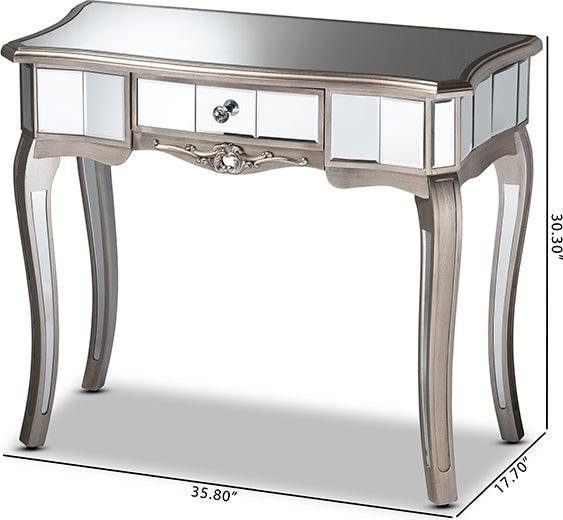 Wholesale Interiors Consoles - Elgin Glam and Luxe Brushed Silver Finished Wood and Mirrored Glass 1-Drawer Console Table