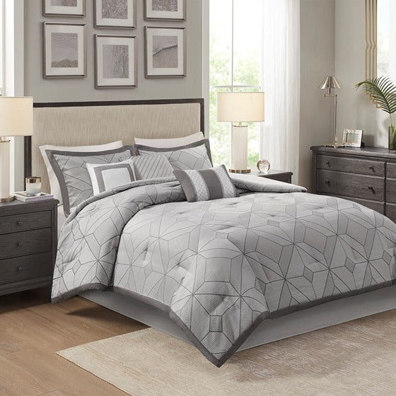 Olliix.com Comforters & Blankets - 7 Piece Jacquard Comforter Set Gray Cal King